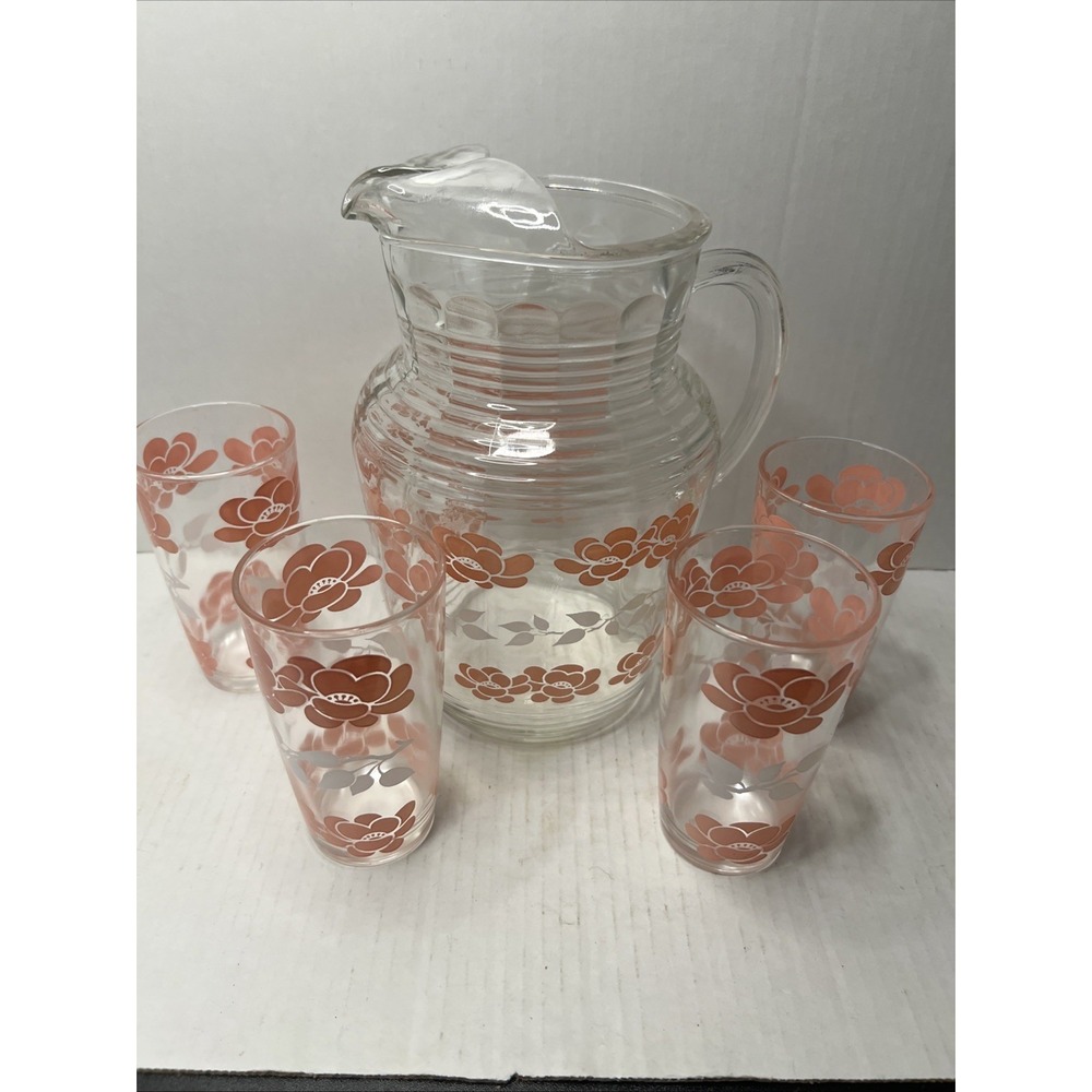 Vintage Hazel Atlas Pink Rose Floral Glass Pitcher & 4 Glass Set MCM 1950s 1960s